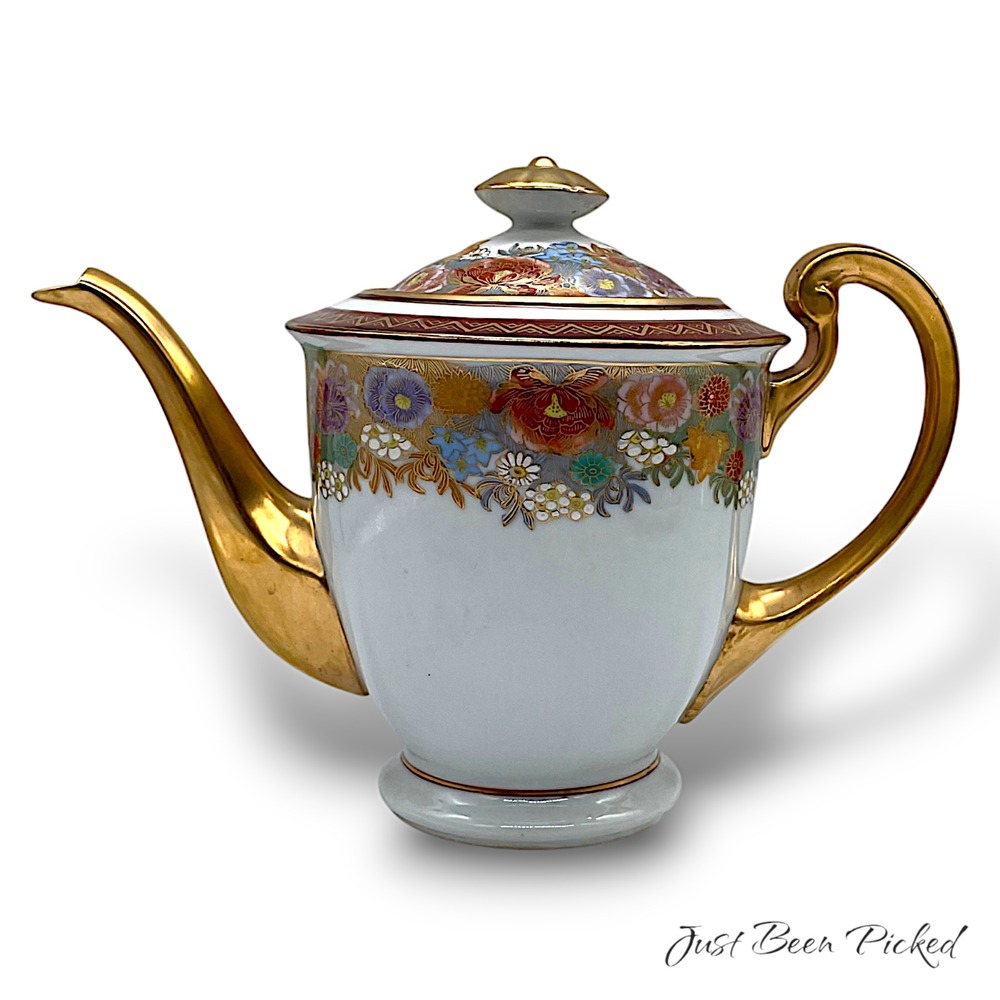 Kutani Coffee Pot 7.25"Gold Gilt Floral Hand Painted Japanese Porcelain Red Mark